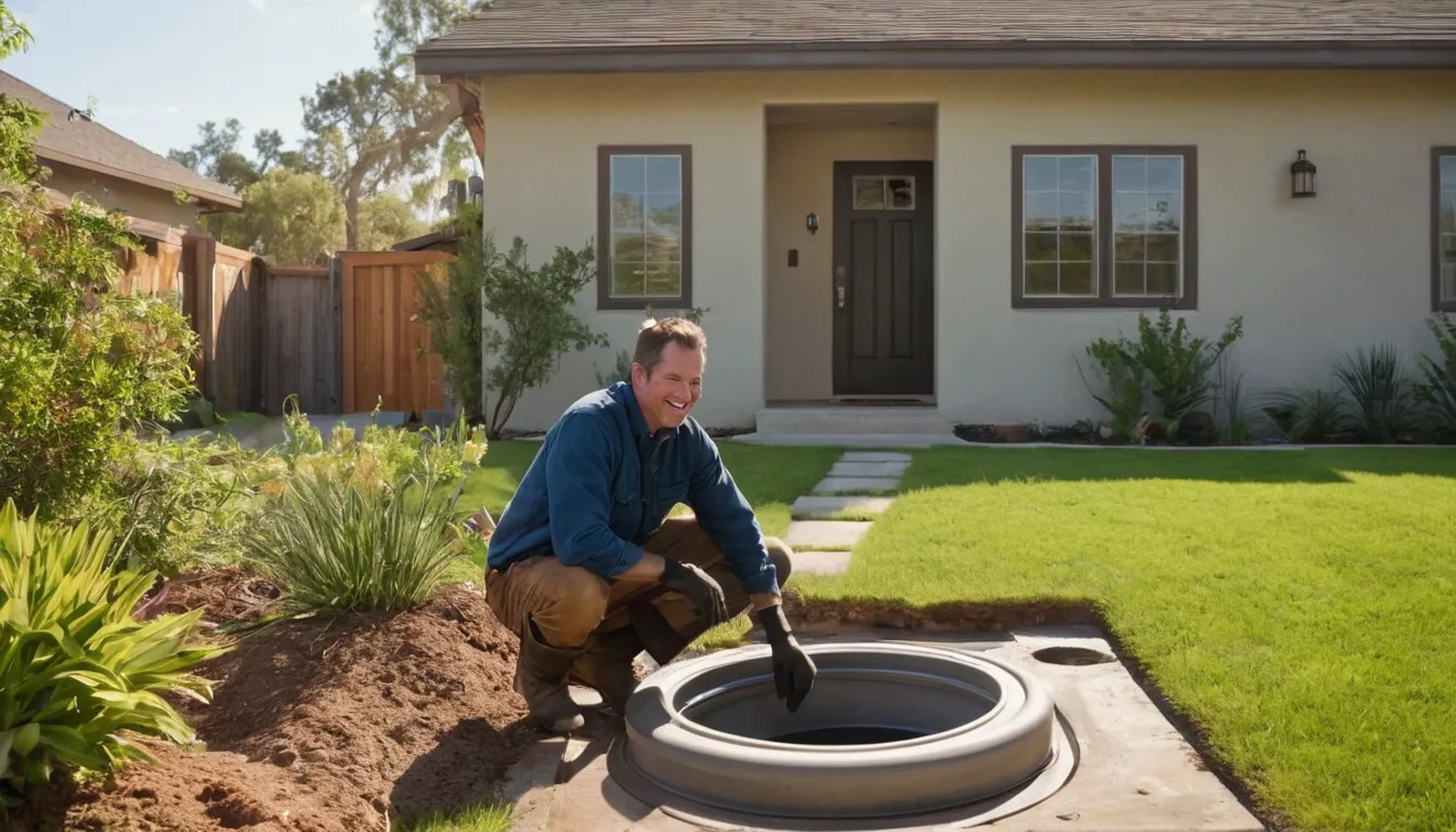 A friendly provider checking a septic tank lid beside a stucco home in Carson